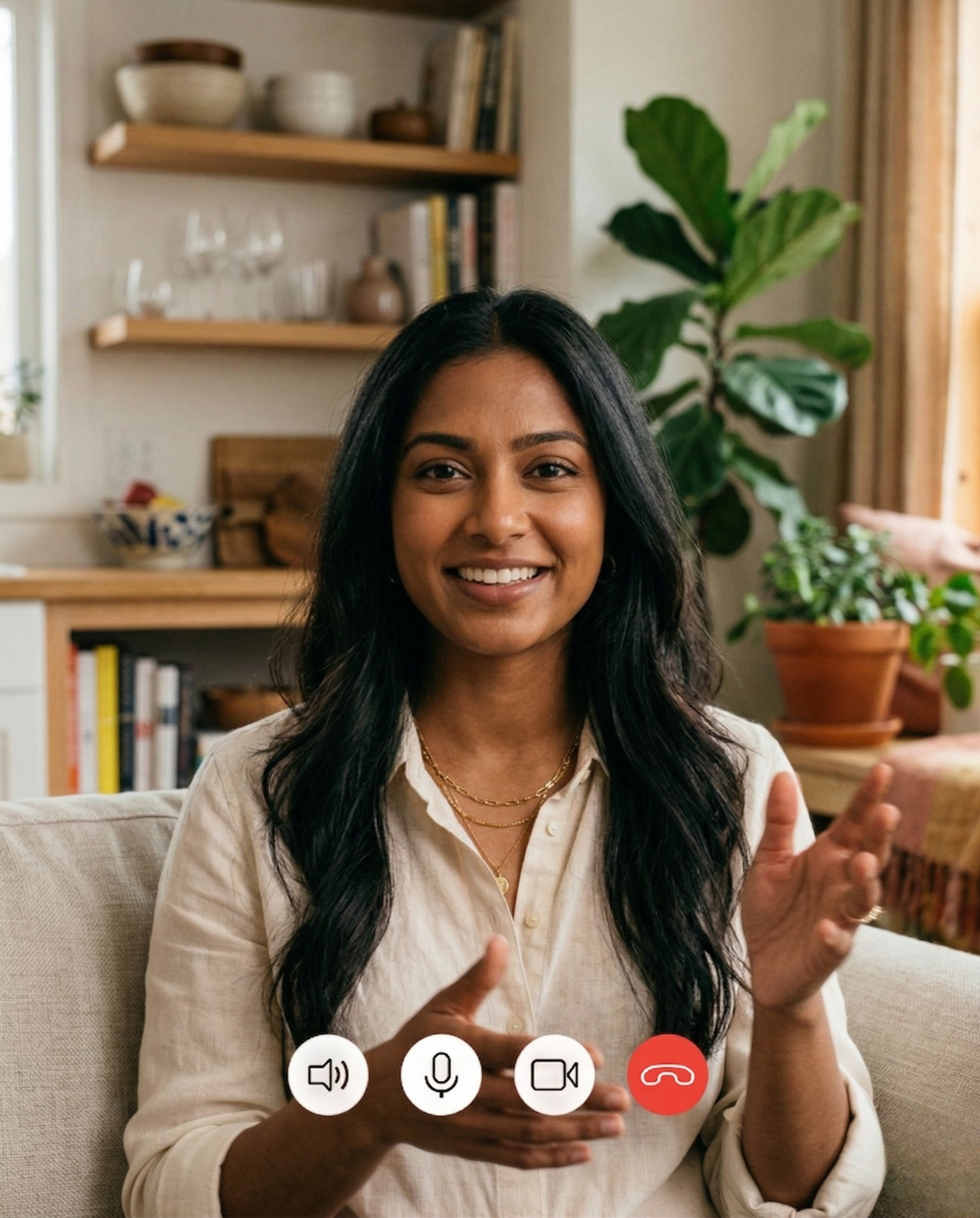 Registered dietitian in a private telehealth session, listening intently to a patient on screen, with framed credentials on the wall behind her